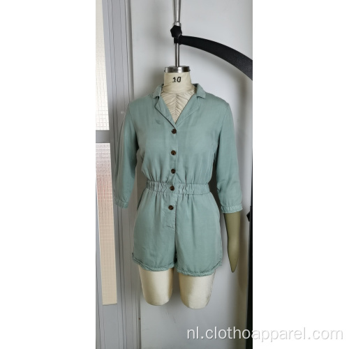 Groothandel vrouwen groene knop taille V-hals jumpsuits